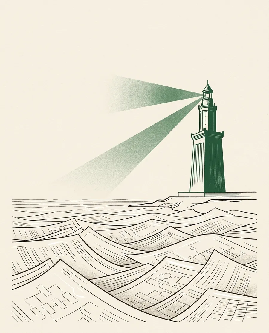 Le phare d'Alexandrie projetant son faisceau sur une mer de documents techniques.